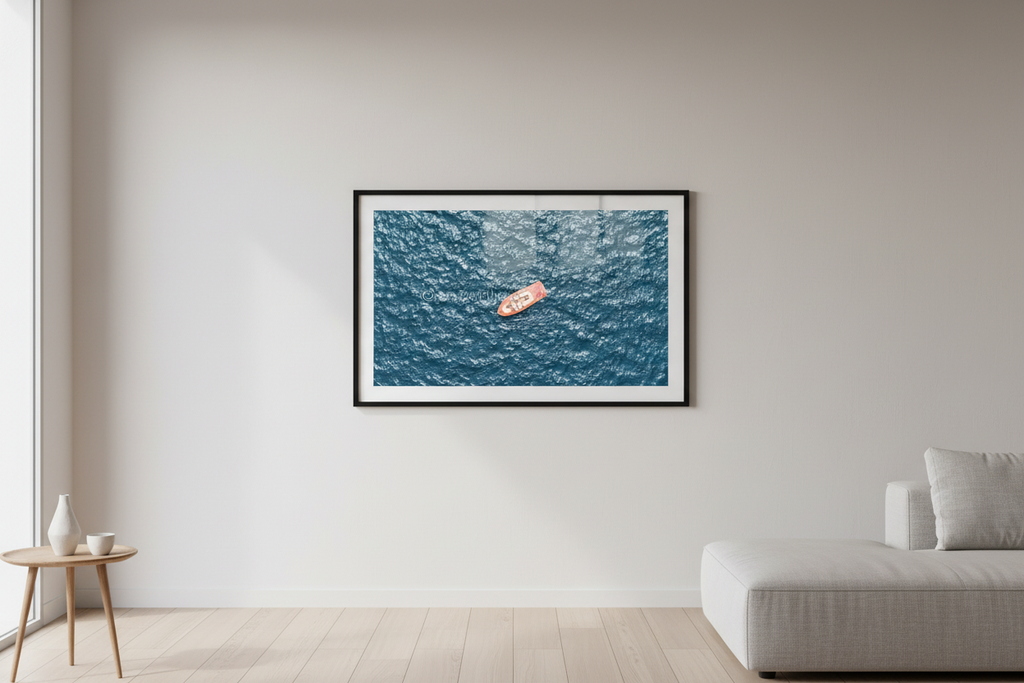 Adrift fine art print displayed in a modern living room