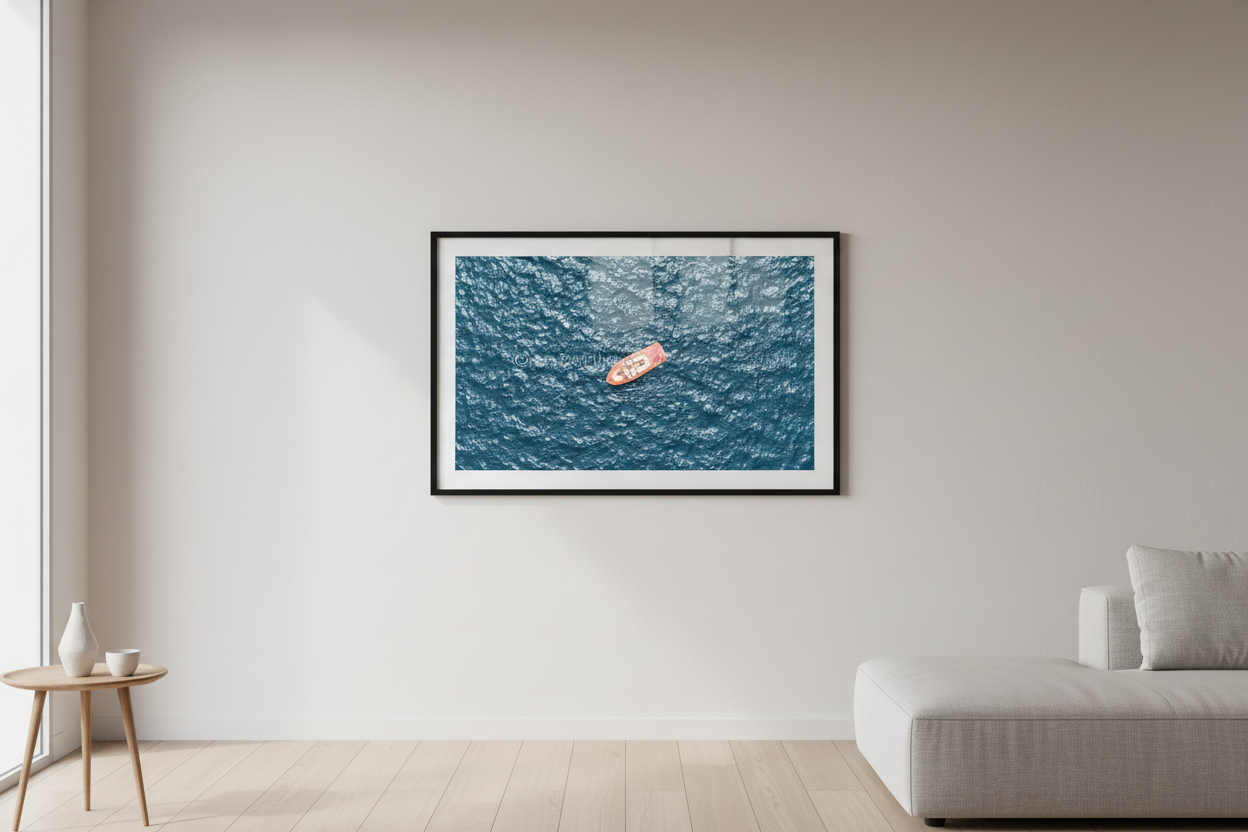 Adrift fine art print displayed in a modern living room