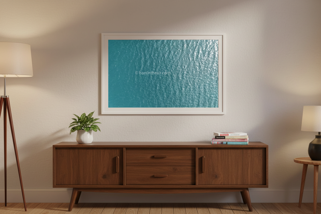 Agua fine art print displayed above a modern sideboard