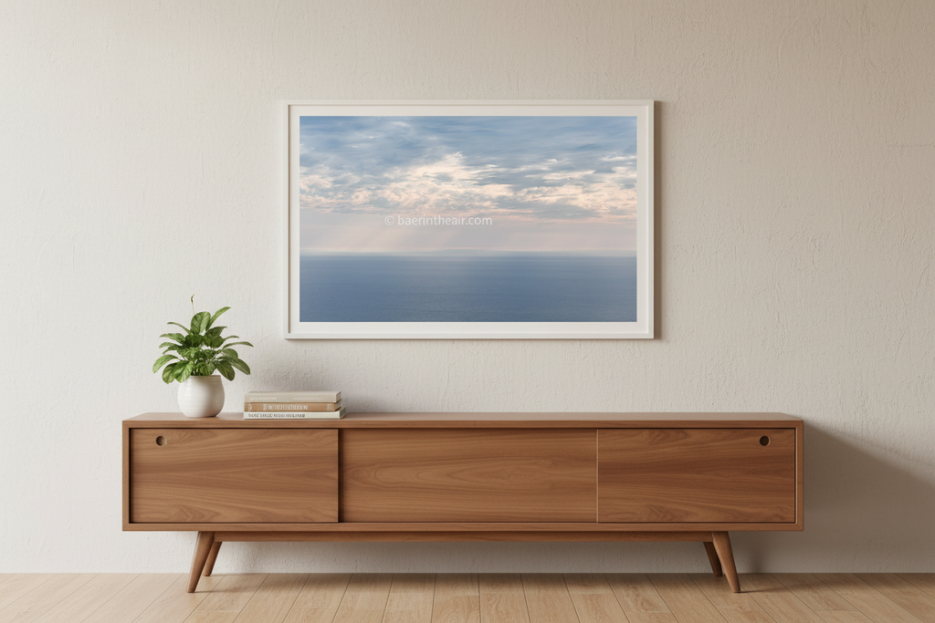 Open Skies fine art print displayed above a modern sideboard