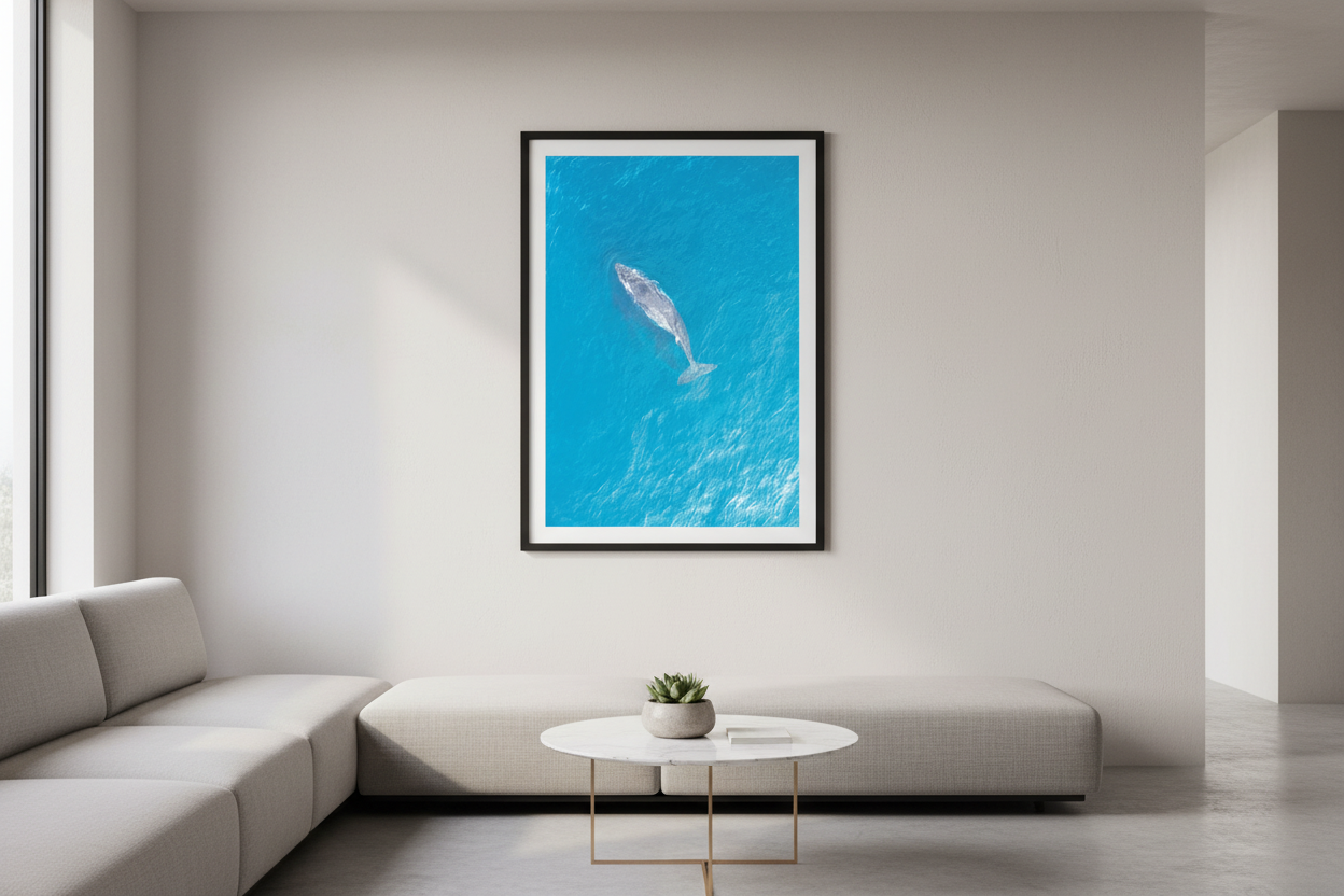 Lone Whale fine art print displayed in a modern living room