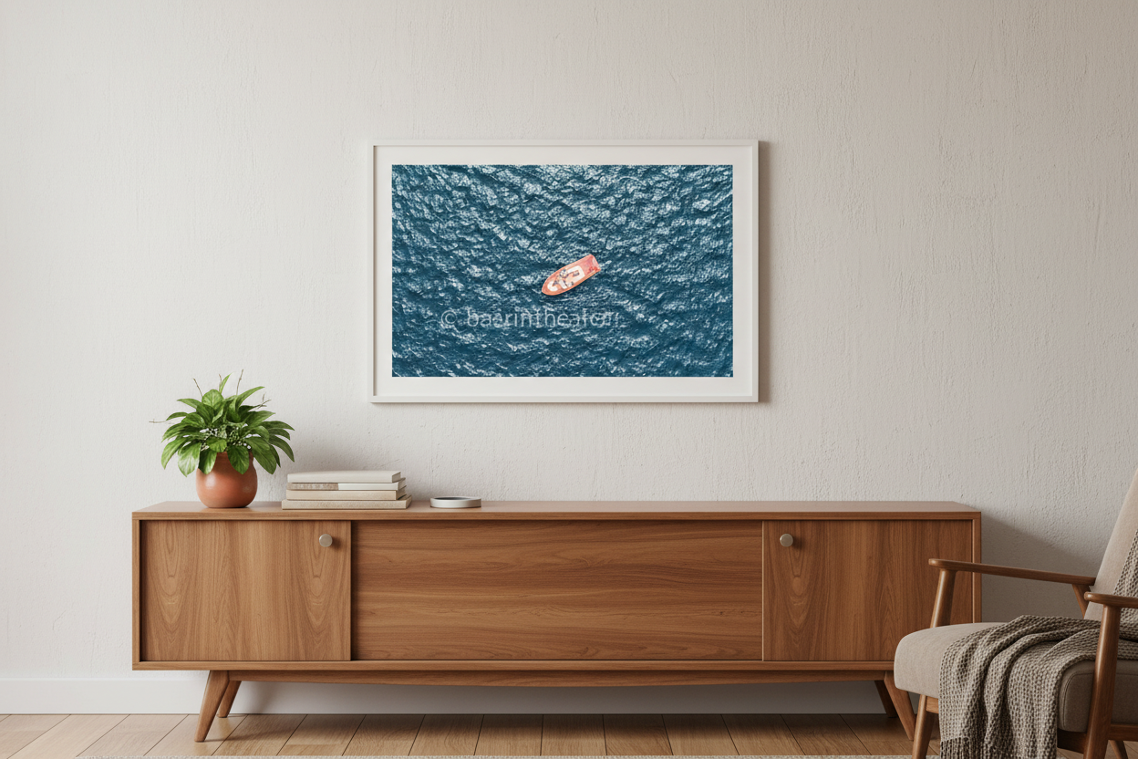 Adrift fine art print displayed above a modern sideboard
